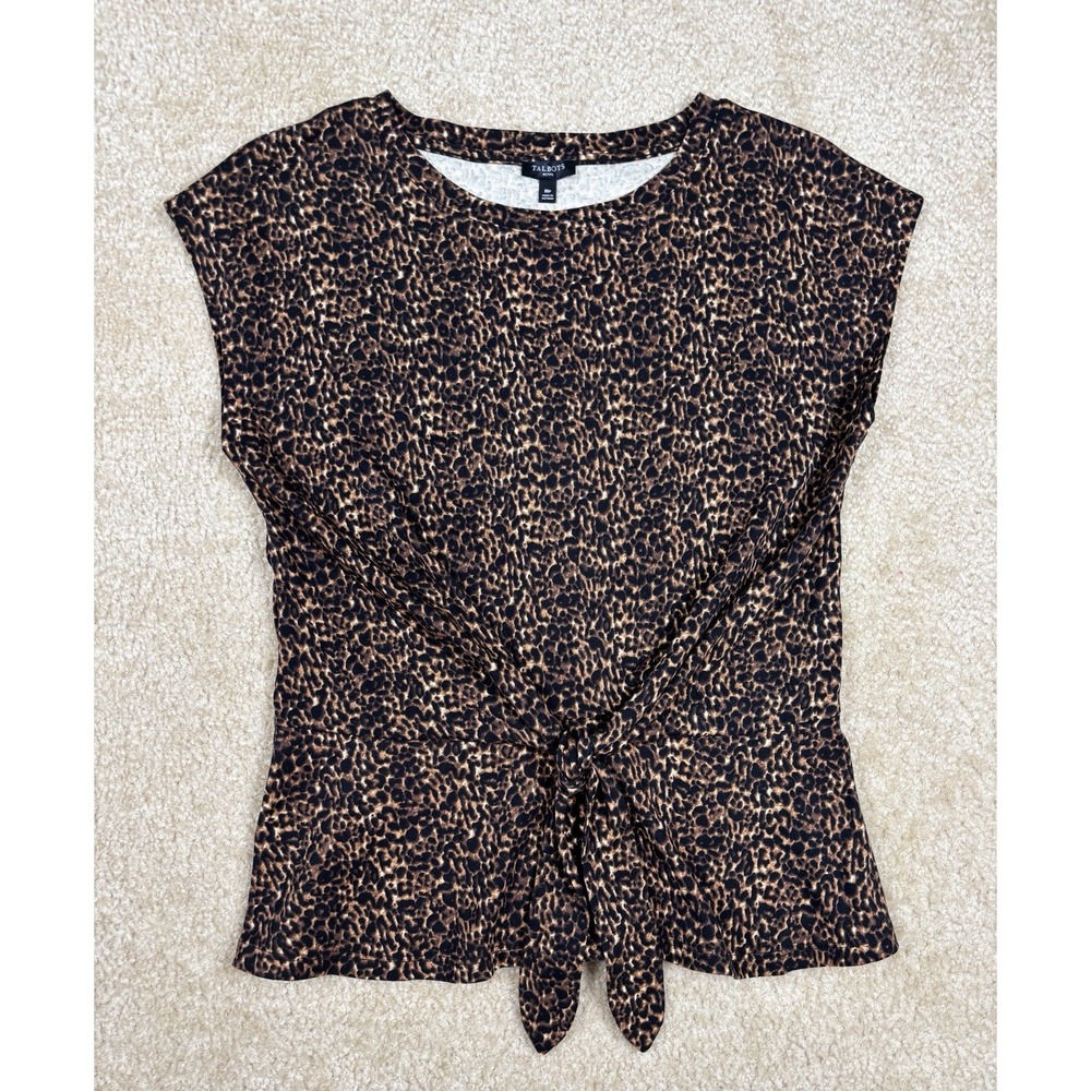 Talbots Tie Front Crewneck Leopard Print Short Sleeve Blouse